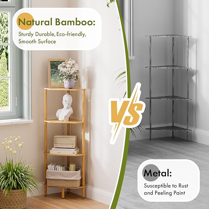 Corner Shelf Stand, 4 Tier Bamboo Corner Bookshelf, Narrow Tall Bookcase, Corner Shower Caddy, Open Storage Shelves, Plant Display Shelf, for Living Room, Kitchen, Office, Balcony, Bathroom