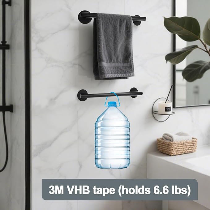 9 Inch 304 SL Matte Black Towel Racks for Bathroom and Kitchen - 3M Adhesive Cabinet Towel Holder, Small Bathroom Decor, Essential Black Bathroom Accessories