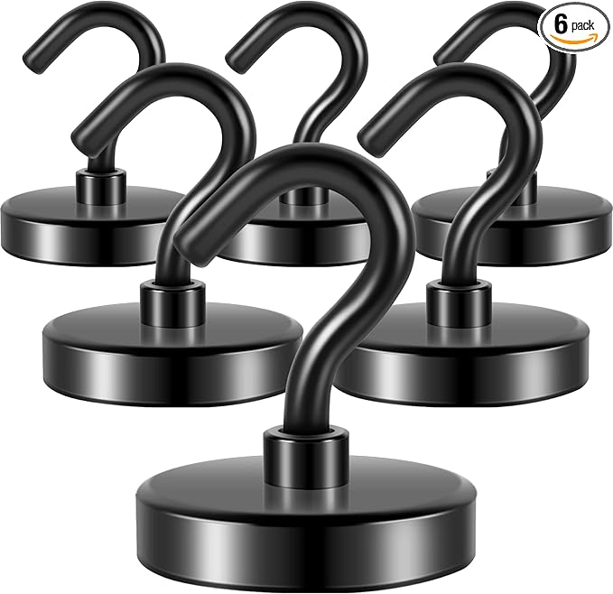 Neosmuk Magnetic Hooks Heavy Duty,10lb Strong Magnet with Hook for Fridge, Super Neodymium Extra Strength Industrial Hooks for Hanging, Magnetic Hanger for Toolbox, Cruise, Grill(Matte Black,6 Pack)