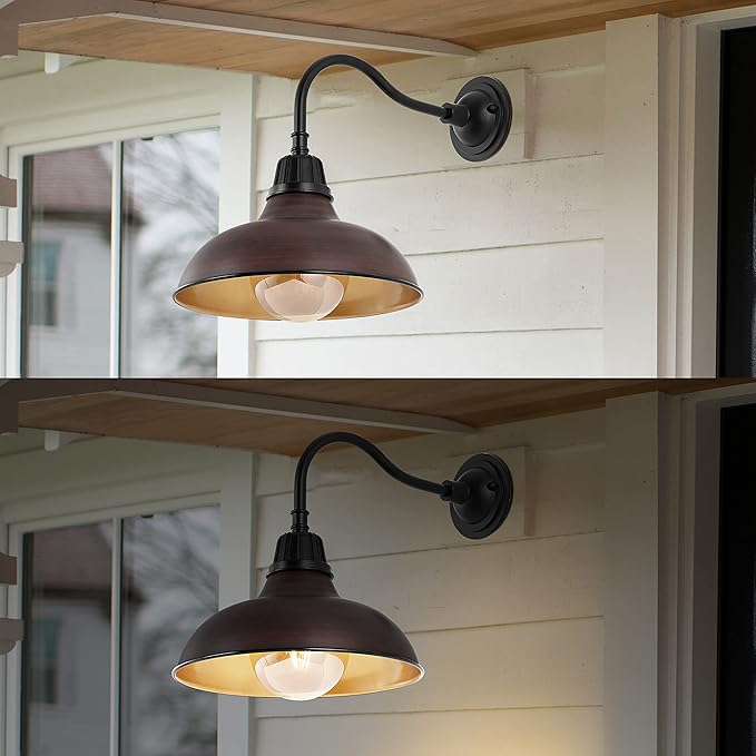JONATHAN Y JYL7613G Aurora 12.25" 1-Light Farmhouse Industrial Indoor/Outdoor Iron LED Gooseneck Arm Outdoor Sconce Metal Bowl Shade Vintage Cottage Rustic Porch Patio Yard Barn, Wood Finish/Copper