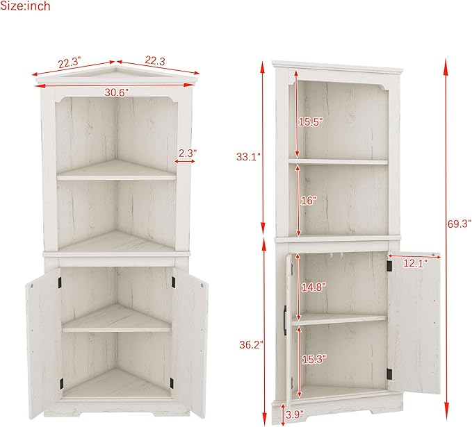 KEIKI Tall Corner Cabinet with Open Shelves and Concealed Storage, Space-Saving Design for Living Room, Bathroom, and Bedroom - Wood Grain Beige