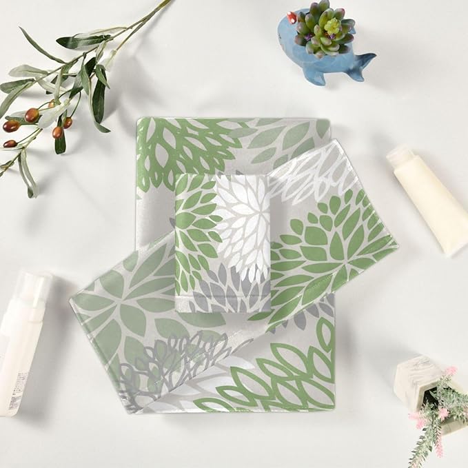 3 Piece Sage Green Dahlia Bath Towels Set,Microfiber Absorbent Grey White Green Floral Towels for Bathroom,1 Bath Towel,1 Hand Towel,1 Washcloth,Modern Abstract Decorative Bathroom Towels