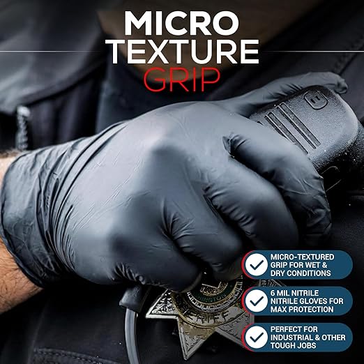 FIRST GLOVE Volt 6 Mil Black Nitrile Disposable Gloves - 200 Count Large - Food Safe Heavy Duty Gloves for Cooking, Cleaning, Industrial & Food Service - Latex Free, Powder Free, Micro-Textured Grip