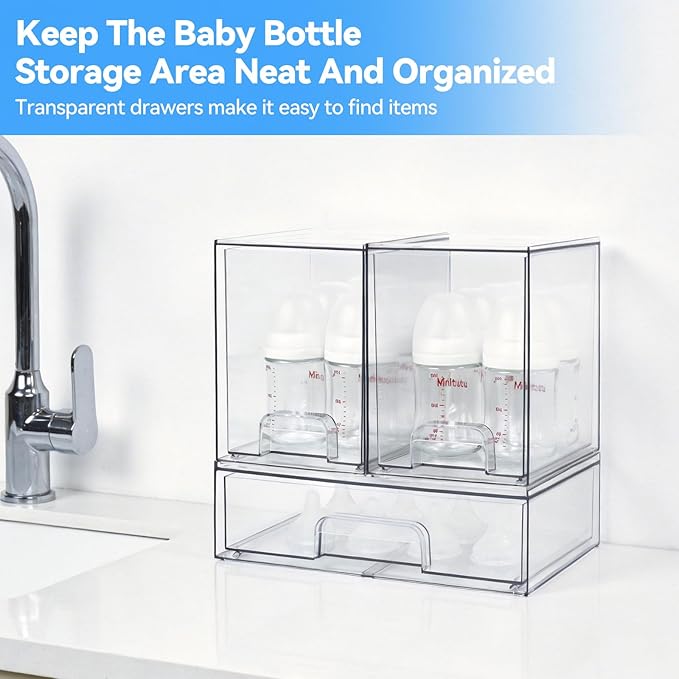 OTraki Baby Bottle Organizer, 3 Pack Stackable Storage Drawers with Labels, Clear Stackable Storage Drawers Acrylic Bottles Station for Pacifiers, Pump Parts, Desk Organizer Bins for Countertop
