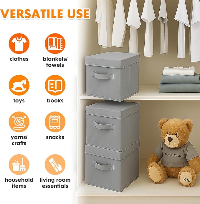 ShellKingdom Storage Bins, Foldable Fabric Storage Cubes with Lid, Clothes Storage Organizer Drawer For Closet Toys Storage, 10.5 X 10.5 X 11 INCH, 2 Pack (Grey)