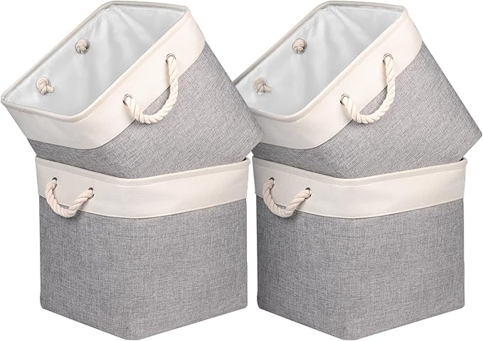 Univivi Foldable Storage Basket Fabric 13 inch Cube Storage Bins with Hard Bottom &Sturdy Handles Storage Cube for Shelf Closet Home (Grey , 4-Pack)