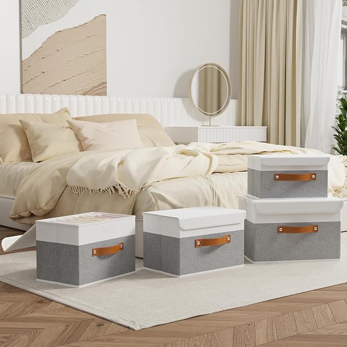 OUTBROS Large Collapsible Storage Box with Lid, Linen Fabric Wardrobe Organiser, Containers For Towels, Clothes, 15 x 9.8 x 9.8 inch (White/Grey, 5-Pack)