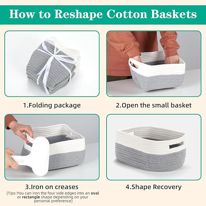 Bidtakay Small Cotton Rope Storage Baskets for Organizing 3 Pack Woven Baskets for Storage Closet Organizer Bins for Shleves 11.8×7.8×5 inch Cute Boho Decorative Basket with Handles - White&Grey