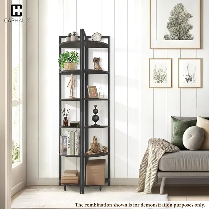 CAPHAUS 6-Tier Corner Shelf, 71.1-Inch Tall Corner Bookshelf with Metal Frame, Round Corner Display Rack, Tall Stand for Bathroom, Living Room, Home, Office, Black