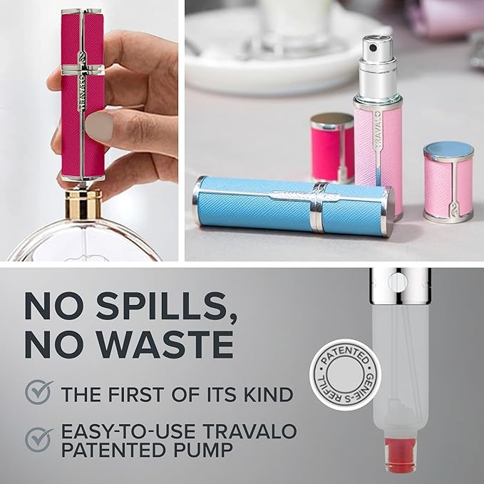 Milano Perfume Atomizer - Leak-Proof and TSA Approved for Air Travel - Reusable, Airtight, Easy Fill Mini Pump Sprayer - Lightweight Vegan Leather with Polished Metal Outer Shell - Hot Pink