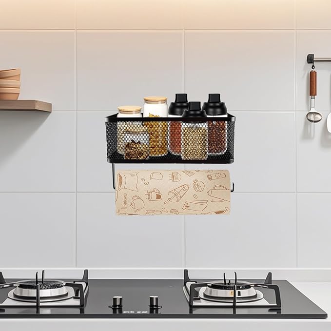 2 Tier Magnetic Paper Towel Holder Wall Mount for Fridge,Metal Mesh Magnetic Spice Rack with Paper Towel Rack Storage Organizer Refrigerators Shelf,No Drilling Removable for Kitchen,Bathroom