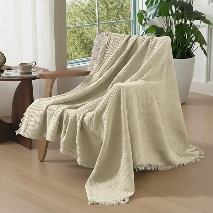 KyraHome Muslin Blankets for Adults, Kids, 50"x60", 100% Organic Cotton Throw Blanket, Plant-Dyed, Breathable Lightweight Throw Blanket for Couch, All Season (Oatmeal Khaki Tan)