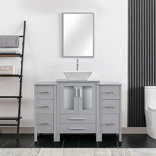 eclife 48" Modern Bathroom Vanity Sink Combo Freestanding Cabinet with Small Side Cabinet, White Square Ceramic Vessel Sink, Water Save Faucet, Drain (Gray+A07)