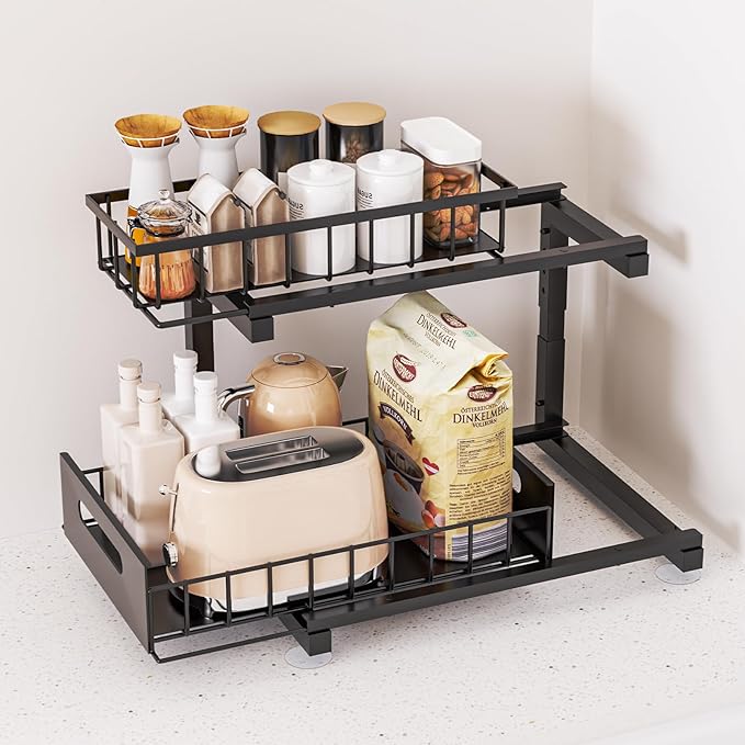 Under Sink Organizer, Heavy Duty Metal Slide Out Sink Shelf Organizer Height Adjustable, Multi-Purpose Storage Shelf for Kitchen Bathroom (Black,2Pack)