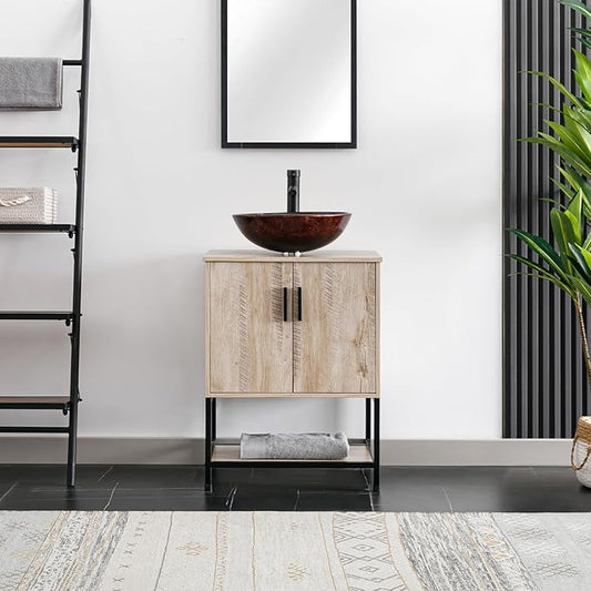 eclife 24" Bathroom Vanity Sink Combo Modern Metal Stand Cabinet W/Bottom Shelf Brown Round Vessel Sink & Water Save Faucet & Pop Up Drain, Oak (A09)