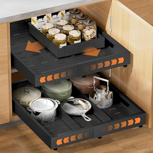 Pull out Cabinet Organizer Expandable W(12"-20") and D(16"-22"), No Drill Adjustable Slide Out Drawers With 3 Slide Rails, 2Pcs Magnetic Panel, Adhesive Roll out Shelves for Kitchen, Cabinets, Pantry