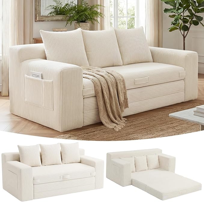 Boneless Couch Sleeper Sofa Bed: 3-in-1 Convertible Sofa Bed with Side Pockets & Handle,Pull Out Couch with 3 Pillows,Folding Futon for Small Space,Living Room & Bedroom