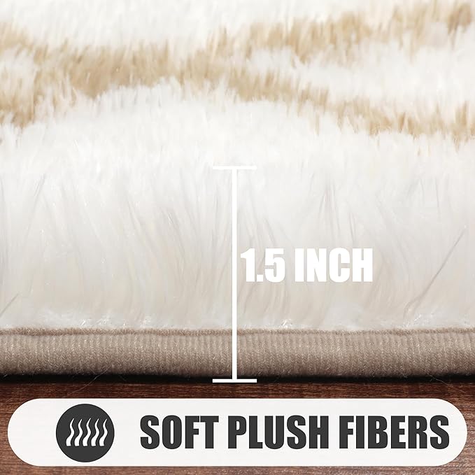 ONASAR 5x7 Area Rugs for Living Room Bedroom, Fluffy White and Beige Faux Fur Bedside Rug, Geometric Boho Soft Plush Shaggy Floor Carpet Mat for Nursery Kids Girls Teen Dorm Home Decor