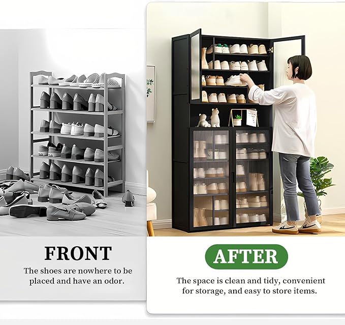 Tall Shoe Cabinet with Acrylic Doors, 11-Tier Large Capacity Bamboo Shoe Cabinet, 40-45 Pairs Freestanding Shoe Rack & Shoe Organizer for Closet Entrance, Hallway, Living Room, Bedroom