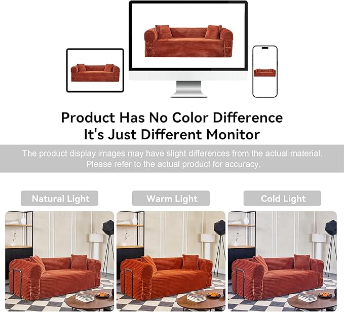 83'' Boneless Couch in A Box, No Assembly Needed Sofa Bed Couch 3 Seater Corduroy Modern Cloud Sofa 29'' Deep Seat with 2 Pillows & Removable Backrest for Living Room, Bedroom, Apartment, Orange | No Assembly Needed, High Density Foam, Removable Backre...