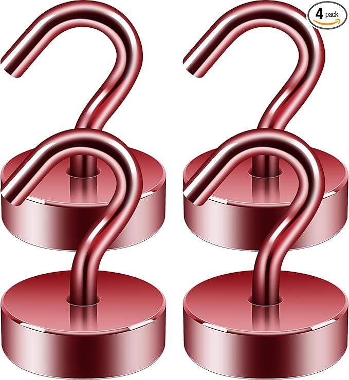 Neosmuk Magnetic Hooks, Cruise Ship Essentials, 4lb+ Heavy Duty Magnetic Hooks for Cruise Cabins, Refrigerator, Grill, Hanging, and Travel | Extra Strong Must-Haves Magnet Hook,Red,Pack of 4