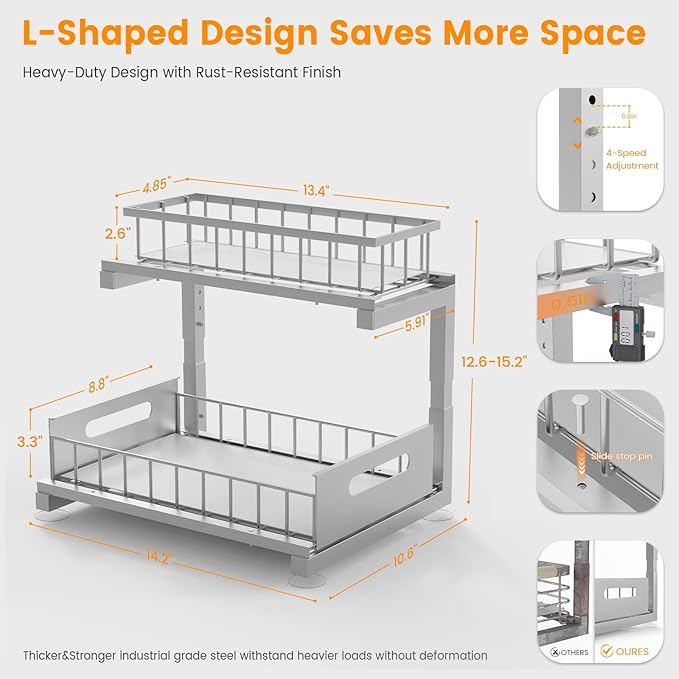 Under Sink Organizer, Heavy Duty Meta Slide Out Sink Shelf Organizer Height Adjustable, Multi-Purpose Storage Shelf for Kitchen Bathroom (Silver,2Pack)