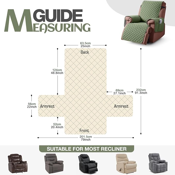 KinCam 100% Waterproof Recliner Chair Cover, Reclining Couch Covers for Pets, Dogs, Recliner Couch Slipcover Furniture Protector with Elastic Straps for Kids(25", Cactus Green)