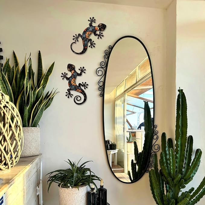 Metal Gecko Outdoor Wall Decorations, 2 Pcs 11.8 inch Gecko Wall Hanging Sculpture for Garden Yard Fence Balcony Porch Home Wall Decorations, Black Metal Wall Art Decor
