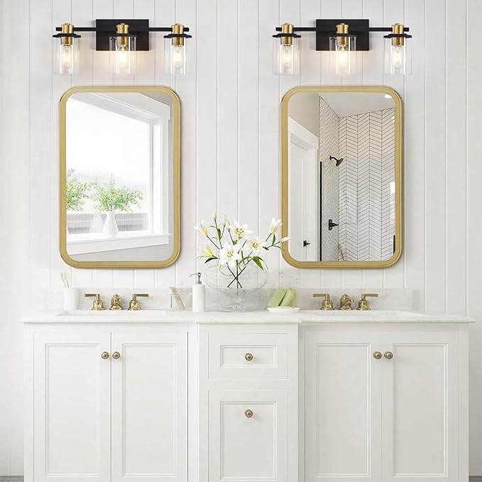 stambord 3 Light Bathroom Vanity Light, Black and Gold Light Fixtures, Sconces Wall Lighting with Glass Shade, Modern Brushed Vanity Lights for Bedroom, Hallway