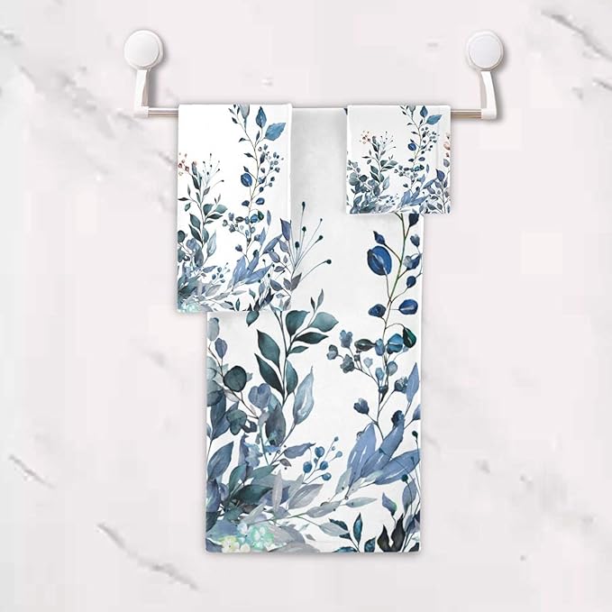 Blue Eucalyptus Bath Towel Set, 3 Piece Watercolor Blue Leaf Floral Spring Set, Absorbent Microfiber Decorative Towels for Hair, Face