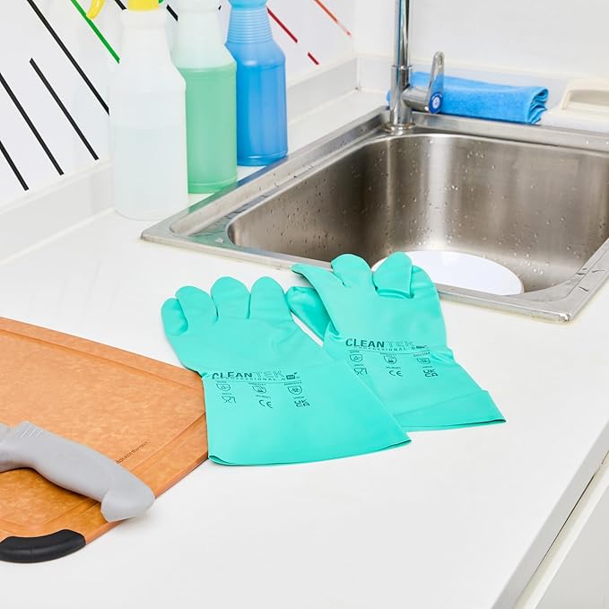 Green Cleaning Gloves 10 Pairs 15 Mil Thick Large Heavy-Duty Nitrile Gloves With Long Cuff No-Latex Flock Lining For Use In Hospitals, Laboratories, Kitchens and Households