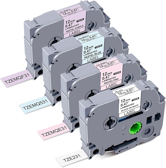 Compatible with Brother Label Maker Tape Pastel Pink Purple Blue, 12mm 0.47 Laminated TZe-231 MQE31 MQF31 MQ531, Multi Color Label Refills for PTouch PTD220 PTD210 PTD400 PT-H100, 4 Pack