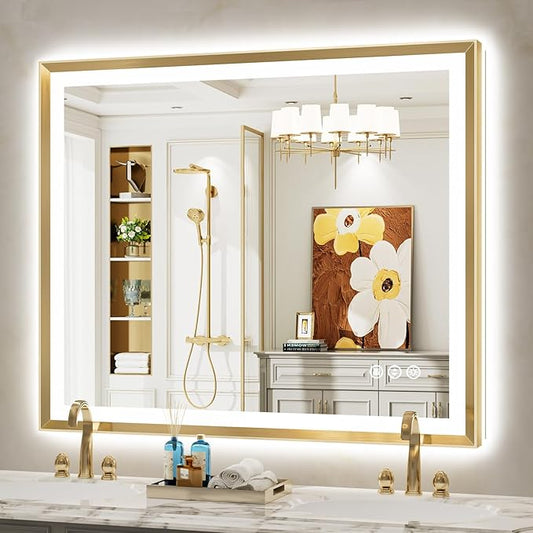 48x40 Gold Framed LED Bathroom Mirror with Lights, Backlit and Front Light, Lighted Bathroom Vanity Mirror for Wall Dimmable Anti-Fog Memory Tempered Glass Horizontal/Vertical