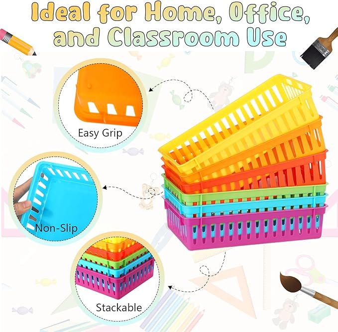 Wenqik Set of 12 Small Plastic Baskets for Organizing 10.24 x 6.5 x 2.36 Inch Pharmacy Baskets Rectangular Trays Plastic Organizer for Office Pharmacy Dorm Kitchens, Closets Shelves(Colorful)