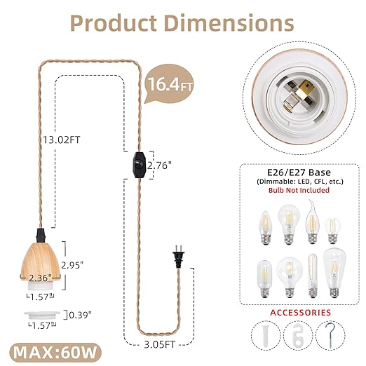 Arturesthome 16.4FT- Pendant Light Cord Hanging Light Kit with Dimmable Switch Vintage Lamp Cord with Twisted Nylon Lights Socket E26 E27 for Farmhouse Lamp Cable DIY
