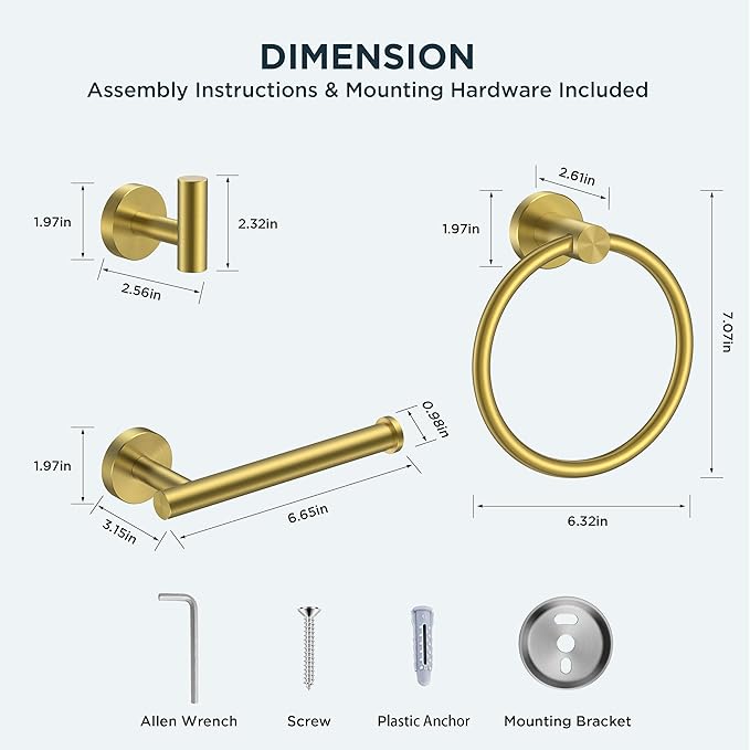 FORIOUS 4 Piece Bathroom Accessories, SUS304 Stainless Steel Toilet Paper Holder, Towel Ring and 2 Towel Hooks, Wall Mounted Bathroom Hardware Set (Brushed Gold)