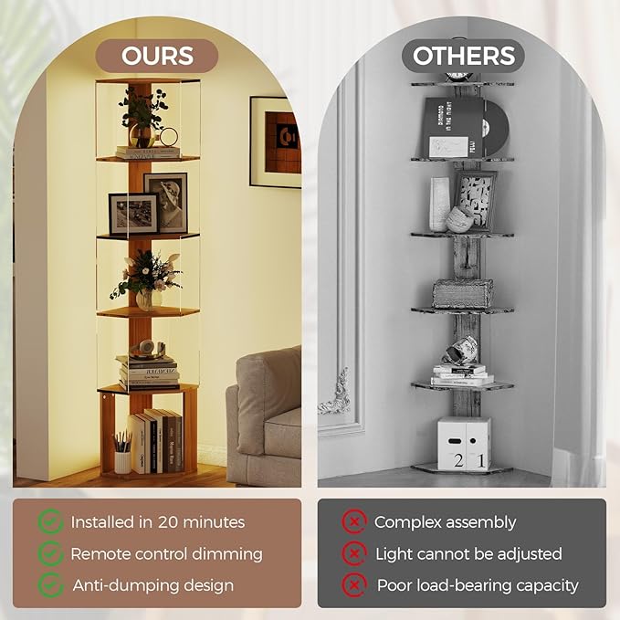 6 Tier Corner Display Rack with Light Clear Arylic Corner Shelves 63in Tall Cabinet with Dimmable LED Light for Display Curio Cabinet
