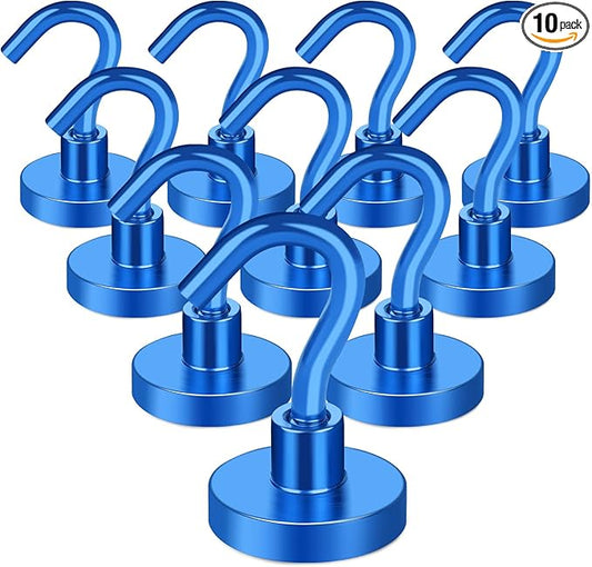 MIKEDE Magnetic Hooks, 30Lbs Neodymium Magnets with Hooks Heavy Duty for Refrigerator, 10Pcs Strong Cruise Hooks for Hanging, Magnetic Hanger for Grill, Toolbox, Storage - Blue