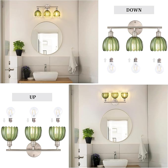 Bathroom Light Fixtures, 3-Light Vanity Wall Light Over Mirror with Green Tulip Glass Shade for Bedroom Living Room (Bulb Not Included), Satin Nickel