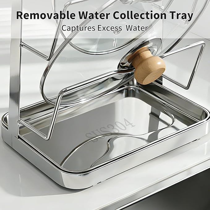Pot Lid Holder While Cooking, 3 Tier 304 Stainless Steel Pot Lid Organizer with Drip Tray, Kitchen Storage Rack for Stove Top & Countertop, Heavy Duty Lid Holder for Pots and Pans, Silver