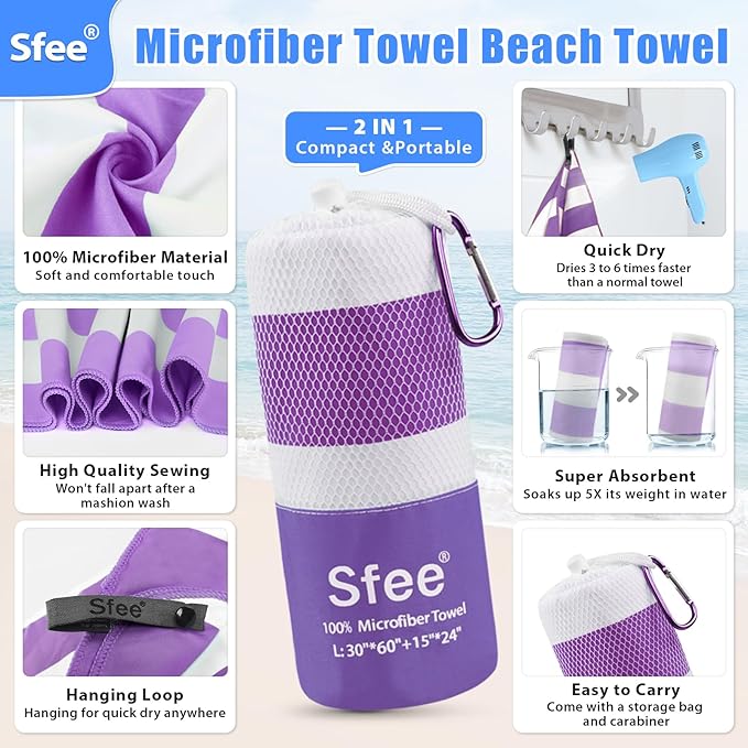2 in 1 Microfiber Beach Towel, Quick Dry Towel Camping Travel Towel Super Absorbent Compact Lightweight Sports Towel Gym Towels Set for Beach, Gym, Hiking, Pool, Backpacking, Bath, Yoga