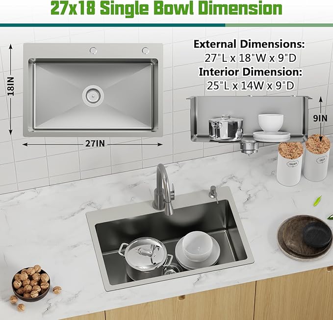 27x18 Inch Kitchen And Bar Sink-Stainless Steel Drop In Kitchen Sink Modern Single Bowl Topmount Bar Sink Come With Silicon Mat,Drain Strainer Set Compatibility With Various Kitchen&Bar Style
