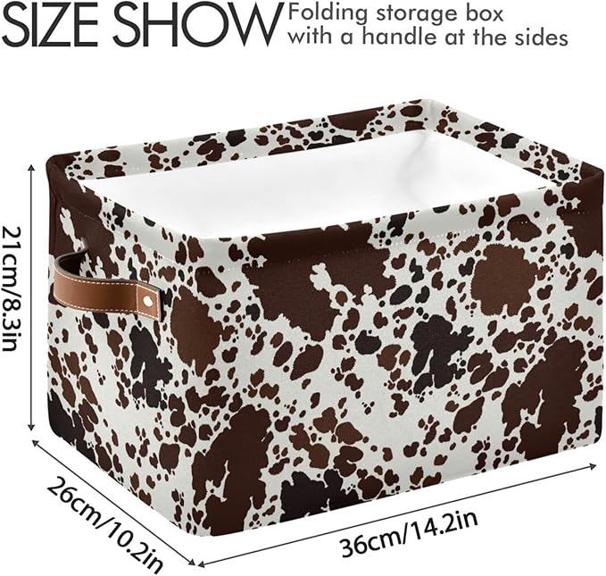 Storage Basket Cow Print Rectangular Collapsible Canvas Shelves Storage Bins with Leather Handles for Shelves Home Closet Bedroom Living Room, 1Pack