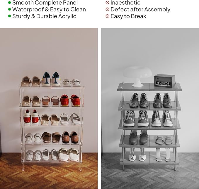 Aquiver 5-Tier Acrylic Shoe Rack - Clear Shoe Rack Organizer - Modern Shoe Storage Shelf, Holds 15-18 Pairs of Shoes for Entryway, Closet - 25.6'' L x 11.8'' W x 36.4'' H, Easy Assembly & Clean