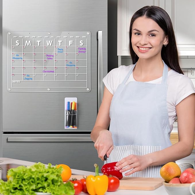 Acrylic Magnetic Dry Erase Board Calendar for Fridge, 16.5"x12" Inch Clear Dry Erase Calendar for Refrigerator, Magnetic Planning Calendars Includes 6 Colors Markers and Magnet Pen Holder