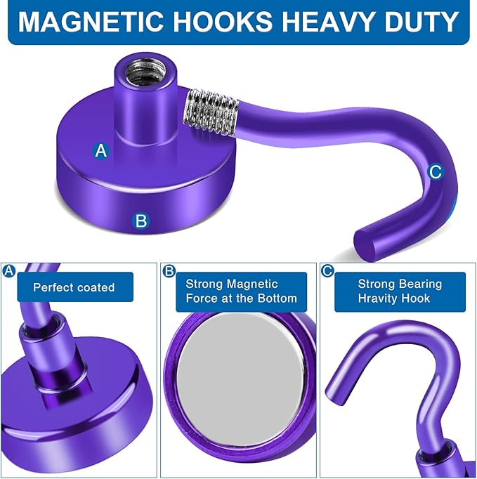 LOVIMAG Cruise Ship Essentials, 120Lbs Cruise Door Magnets, Purple Cruise Magnetic Hooks, Magnetic Hooks Heavy Duty for Hanging Celling, Grill, Refrigerator Kitchen-6 Pack