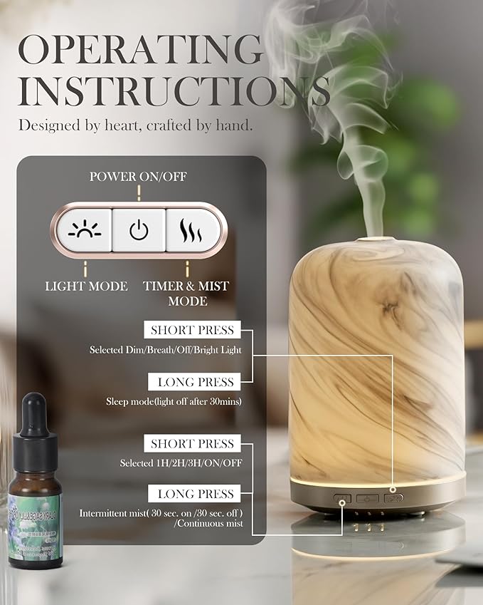 Essential Oil Diffuser - 2.4MHz Ultrasonic Ceramic Diffuser for Home, 120ml, Pulse&Continuous Mist, Bright/Dim/Breathing Lighting, Waterless Auto-Off, Aromatherapy Diffuser with USB Cable