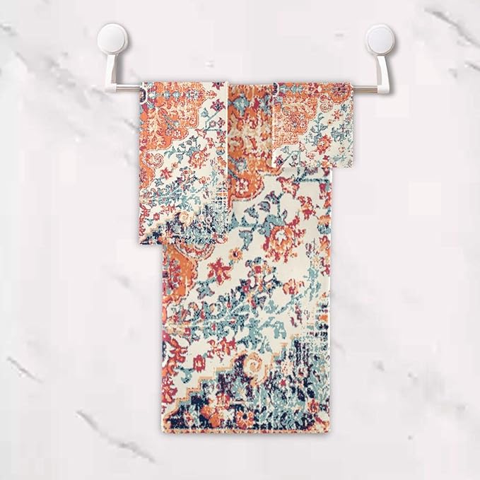3 Piece Vintage Boho Bath Towel Set,Microfiber Decorative Rustic Orange Southwest Ethnic Bohemian Print Farm Bathroom Towels,1 Bath Towel 1 Hand Towel for Bathroom Kitchen,1 Washcloth for Face