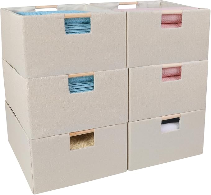 ANMINY 6PCS Storage Baskets for Organizing Collapsible Fabric Storage Bins Boxes with Wood Handles Closet Shelves Cube Organizer Bins Clothes Laundry Storage Container - Small, Beige