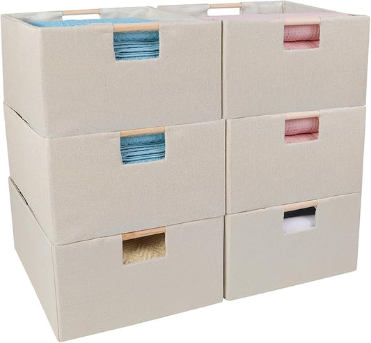 ANMINY 6PCS Storage Baskets for Organizing Collapsible Fabric Storage Bins Boxes with Wood Handles Closet Shelves Cube Organizer Bins Clothes Laundry Storage Container - Large, Beige
